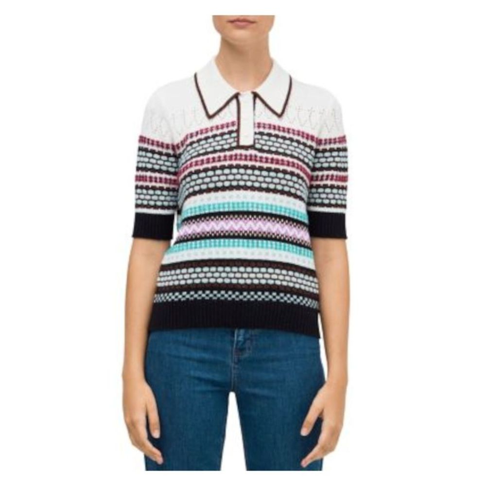 KATE SPADE Womens Ivory Ribbed Button Up Elbow Sleeve Collared Sweater S